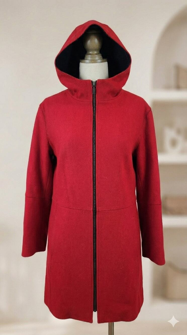 Vintage Donna Karan Signature Red Wool Hooded Coat Jacket Zip Womens Large L
